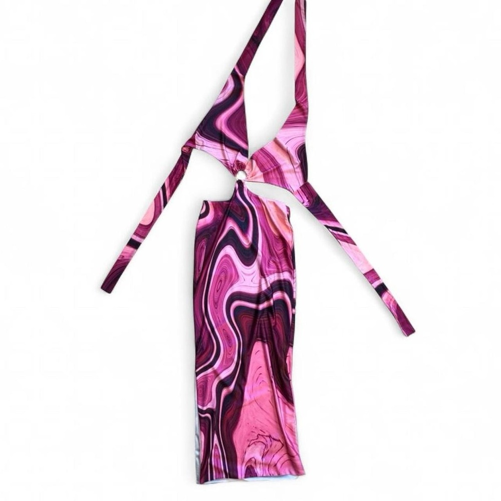 Farai London Pink & Purple Cut Out Halterneck and Back Tie Maxi Dress with Slit